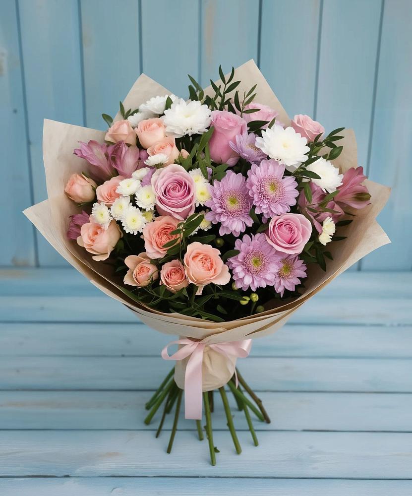 Букет цветов из: Хризантемы, Розы и Альстромерии в Лысьве