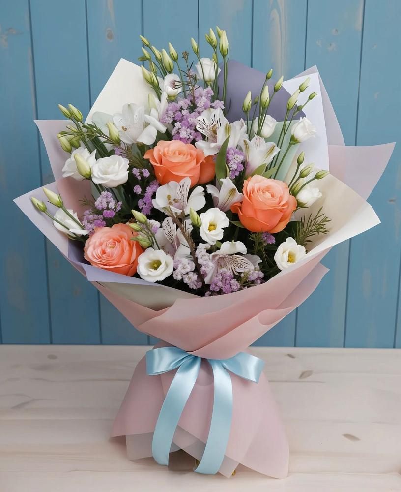 Букет цветов из: Лизиантусы, Розы, Альстромерии и Гипсофила в Лысьве