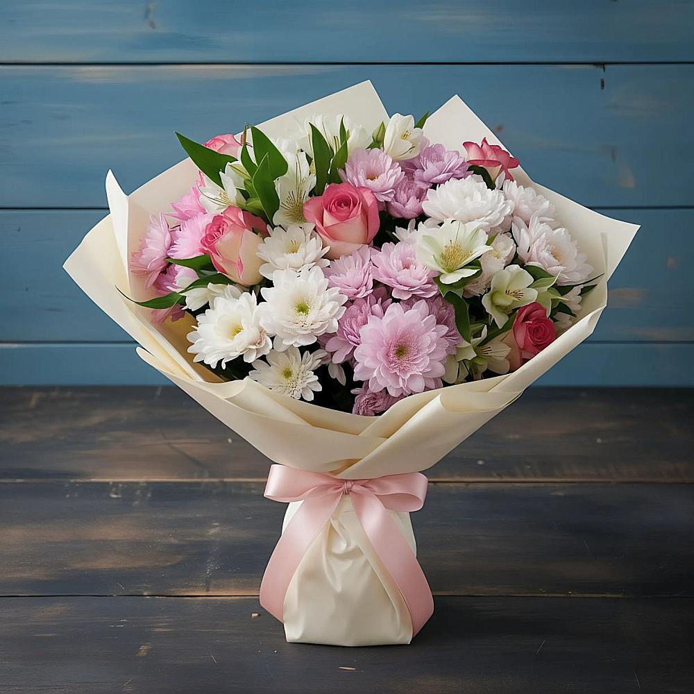 Букет цветов из: Хризантемы, Альстромерии и Розы в Лысьве